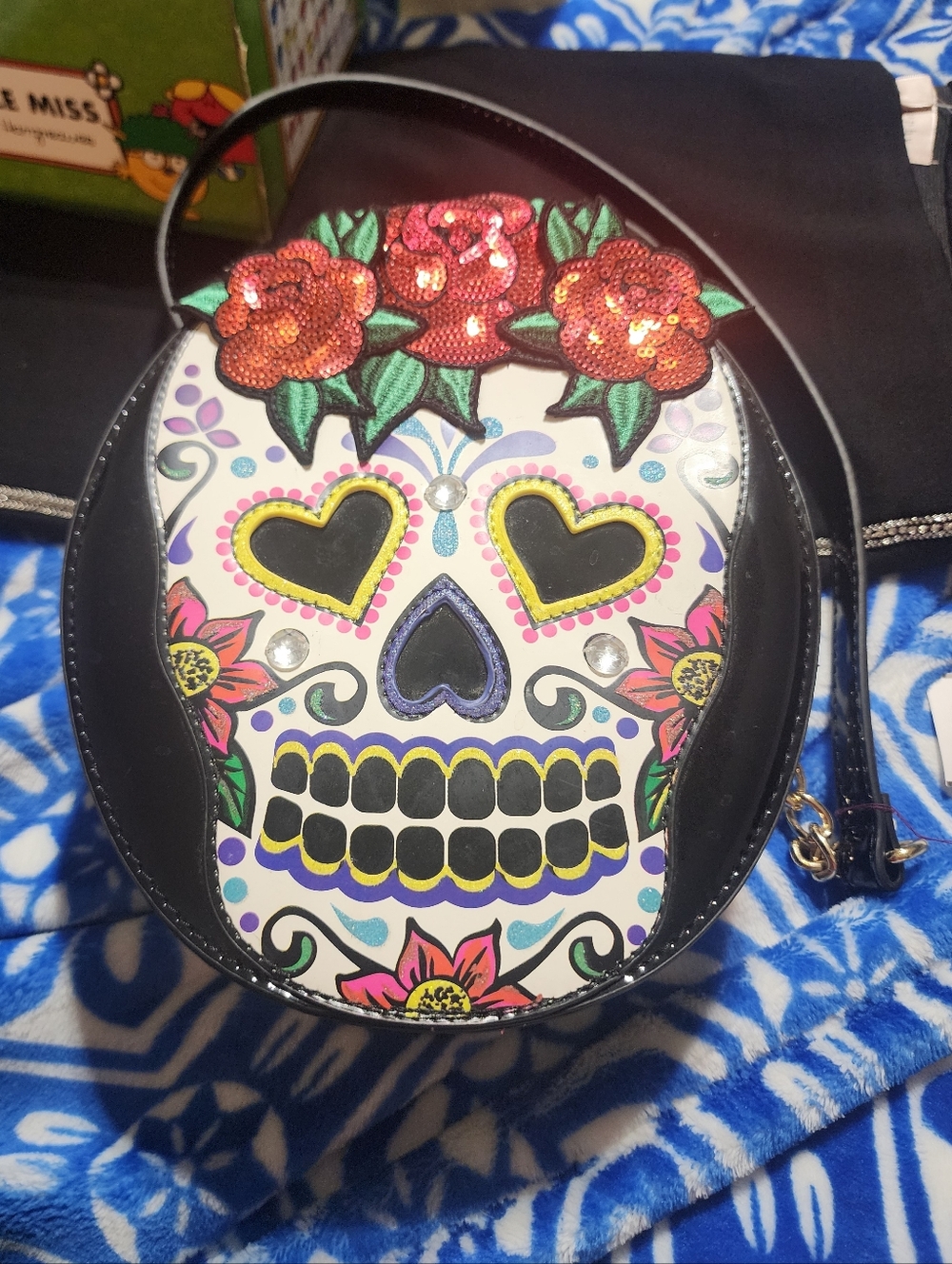 Betsey Johnson Day Of The Dead Black Round Purse Shoulder Bag W/ sequins - Picture 2 of 6